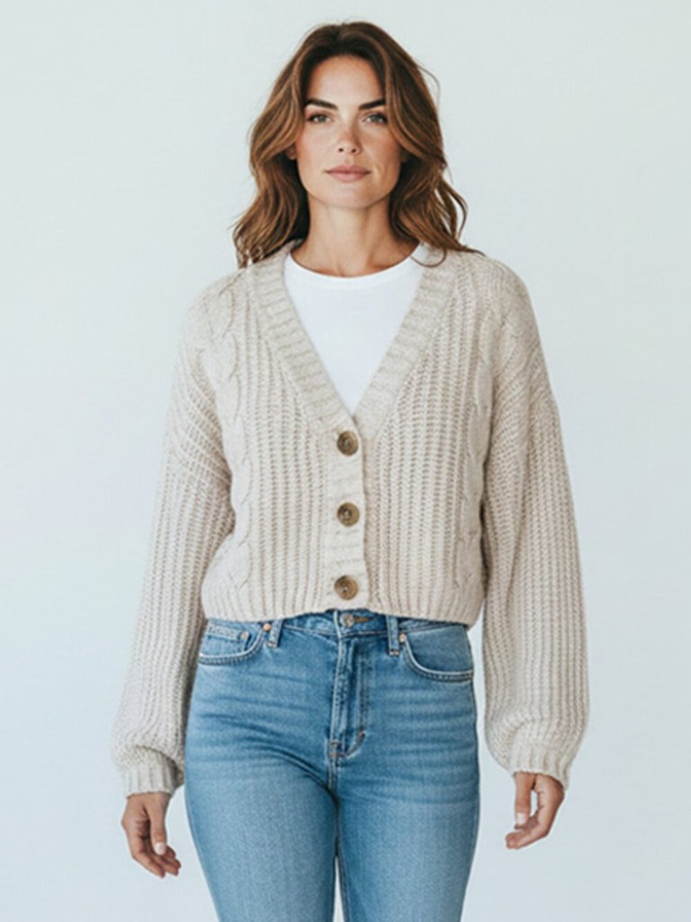 Urban Outfitters Alpaca Blend Cropped Chunky Cardigan Sweater Oatmeal